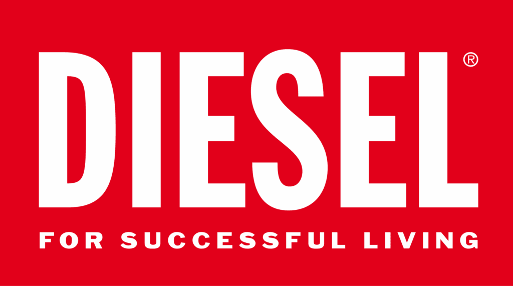 Herausragendes Diesel-Logo auf rotem Hintergrund, geeignet für nachhaltiges Leben.